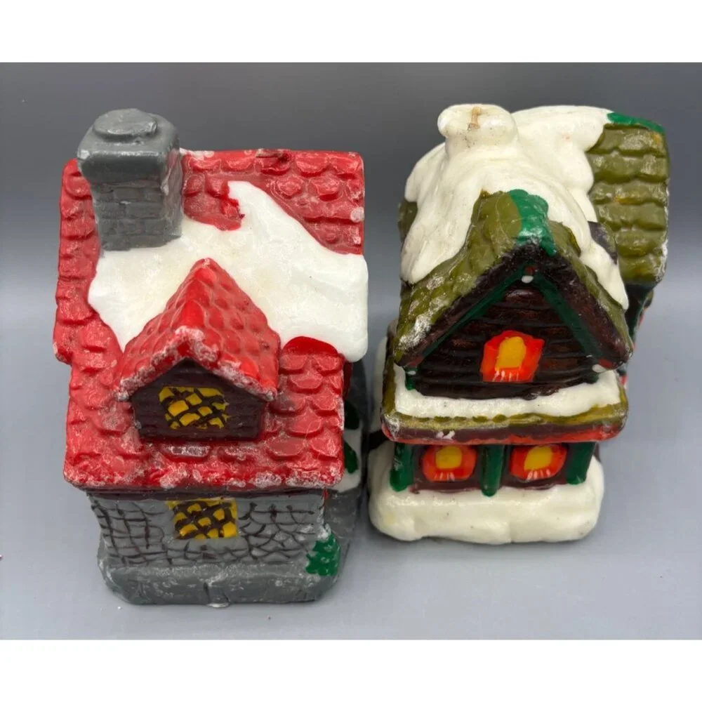 Vtg Candles Wax Snowy‎ Cottage Village Set Of 2 Christmas Décor